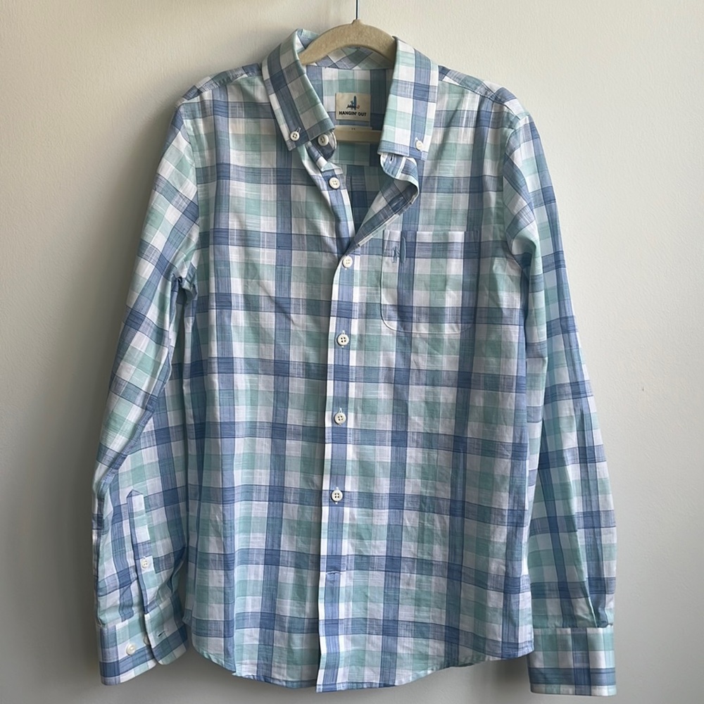 Boys size 12 Johnny O Hangin Out button up shirt blue white aqua check